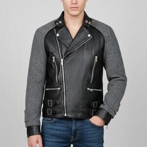 SONS OF HEROES Mens Black Leather Motorcycle Jacket Tweed Overlay Medium Biker